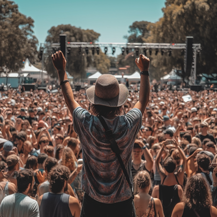 a photo of an outdoor festival with many people and a back shot of an artist holding his hands up interacting with the crowd.