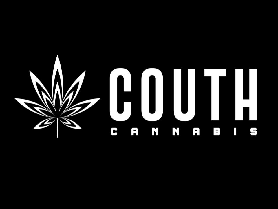 A black and white photo of couth farms logo with a cannabis flower on the left and couth cannabis next to it.